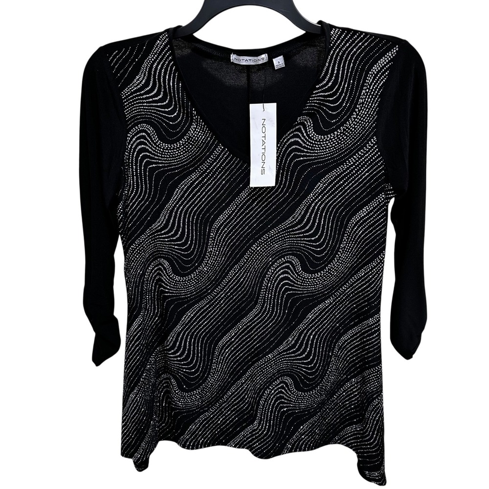 Notations Womens Size S Black Silver Embellished 3/4 Sleeve‎ V-Neck Top NWT